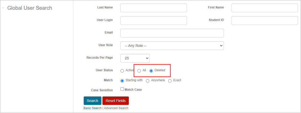 The fields of an advanced search are shown, and the Deleted radio button next to User Status is highlighted.